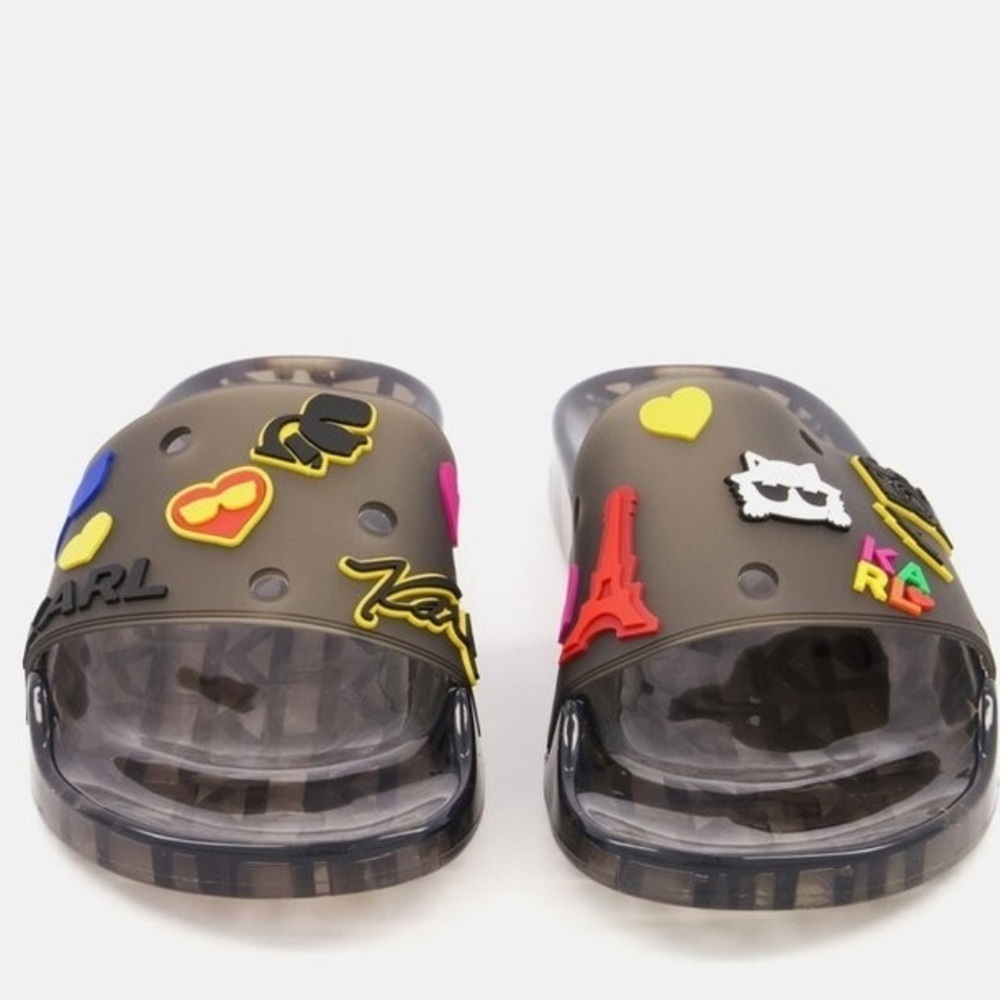 Karl Lagerfeld Paris Thea Black/Smoke Translucent Pool Slides size 5